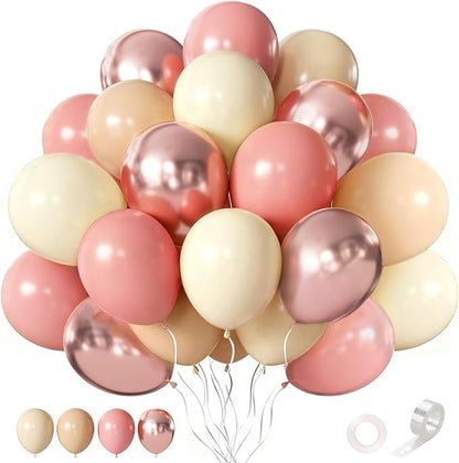 CVPARTON Retro Blush Pink Balloons 55 Packs 12 Inch Dusty Pink Metallic Chrome Rose Gold Nude Ivory White Balloons for Birthday Girls Boho Baby Shower Bridal Shower Wedding Themed Princess Party