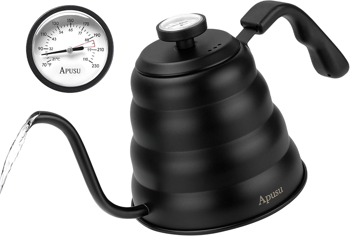 Tea Kettle with Thermometer,Black Gooseneck Coffee Kettle Pot Stovetop,40oz