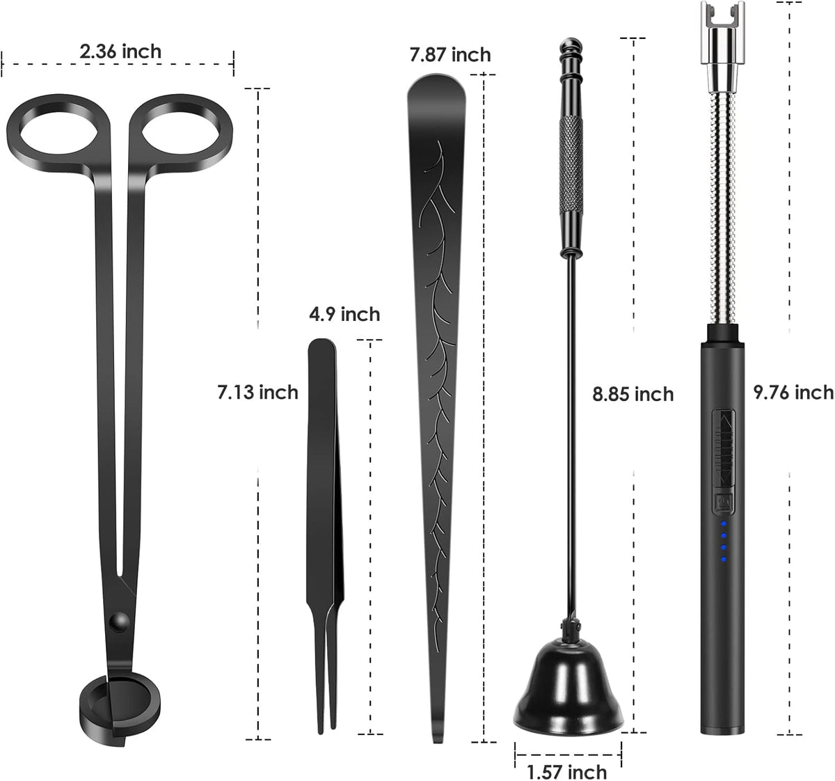 5 in 1 Candle Accessory Set,Candle Wick Trimmer Cutter,Candle Wick Dipper,Candle Wick Snuffer,Rechargeable Candle Lighter,Tweezers,Stainless Steel Candle Care Kit Home Gift for Aromatherapy(Black)