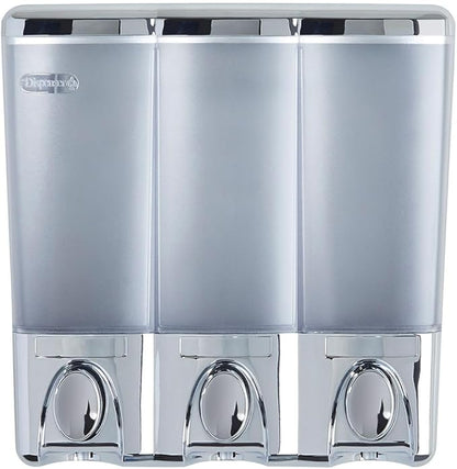 Better Living Clear Choice Shower Dispenser 3 Chamber, Wall Mount Shower Soap Pump Dispenser for Bathroom Hotel Body Wash, No Drill Adhesive, Waterproof Dispenser, 3 x 14.2 oz, Chrome