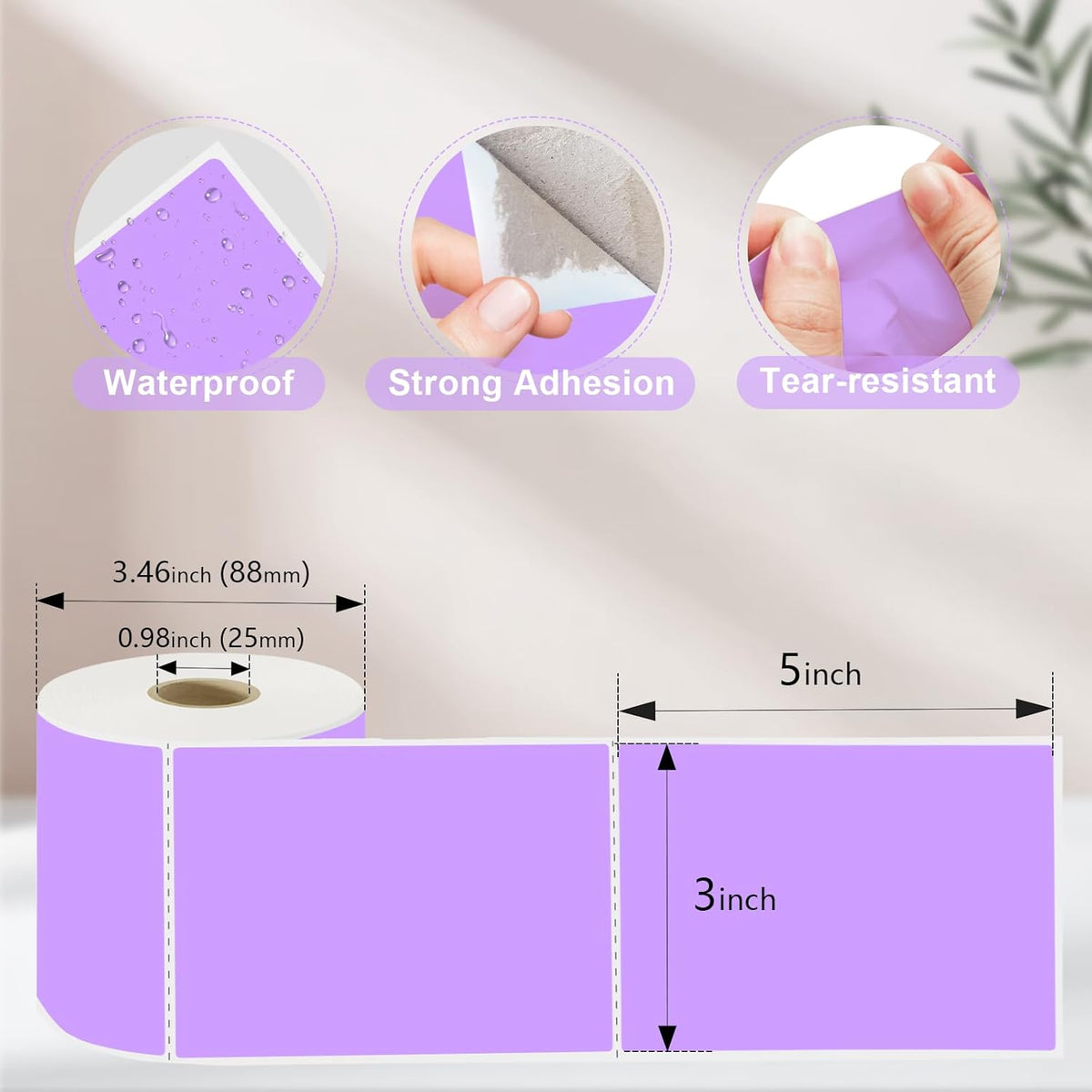 3 X 5 Inch Printable Waterproof Rectangle Color Coding Labels, 300 Per Roll Adhesive Color Coding Stickers for Bar-Codes, Address, Small Business Labeling, Inventory (Light Purple)