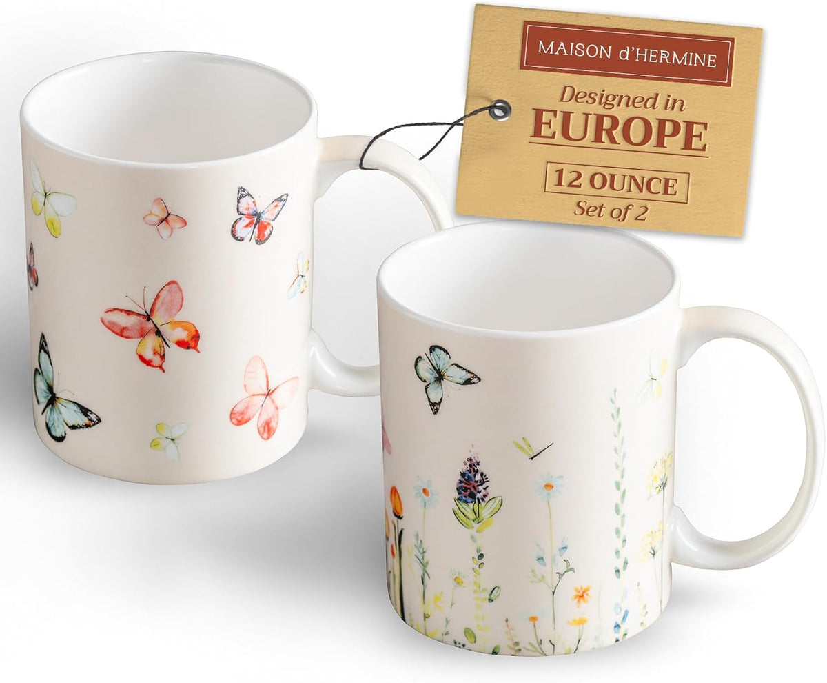 Maison d' Hermine Coffee Mug with Handles Fine Bone China Mugs Pack of Two Tea Cups for Hot Beverages Cappuccino Latte Home Restaurant Office Perfect for Gift (Botanical Fresh, 12 Ounce)