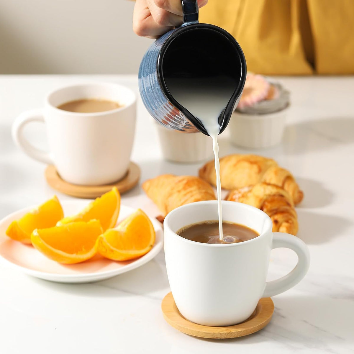 Hasense 8 oz Cappuccino Cups with Saucers set of 6, Porcelain Coffee Mugs Latte Mugs with Handle Perfect for Double Shot, Americano, Milk and Tea