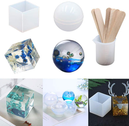 EuTengHao 18Pcs DIY Silicone Resin Casting Molds Tools Set Includes 6 Resin Casting Molds Large Clear Silicone Molds 2 Measurement Cup 10 Wood Sticks