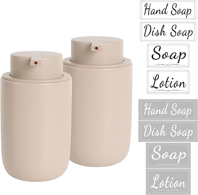 BosilunLife Khaki Soap Dispenser Set - 2 Pack 12oz Ceramic Dish Soap Dispenser with Rust Proof Pump for Kitchen, Hand Soap and Lotion Set Suitable for Farmhouse Bathroom Decor with Waterproof Labels