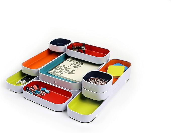 Three by Three Seattle 10 Piece Shallow Metal Organizer Tray Set for Storing Makeup, Stationery, Utensils, and More in Office Desk, Kitchen and Bathroom Drawers (1 Inch, Assorted Colors)
