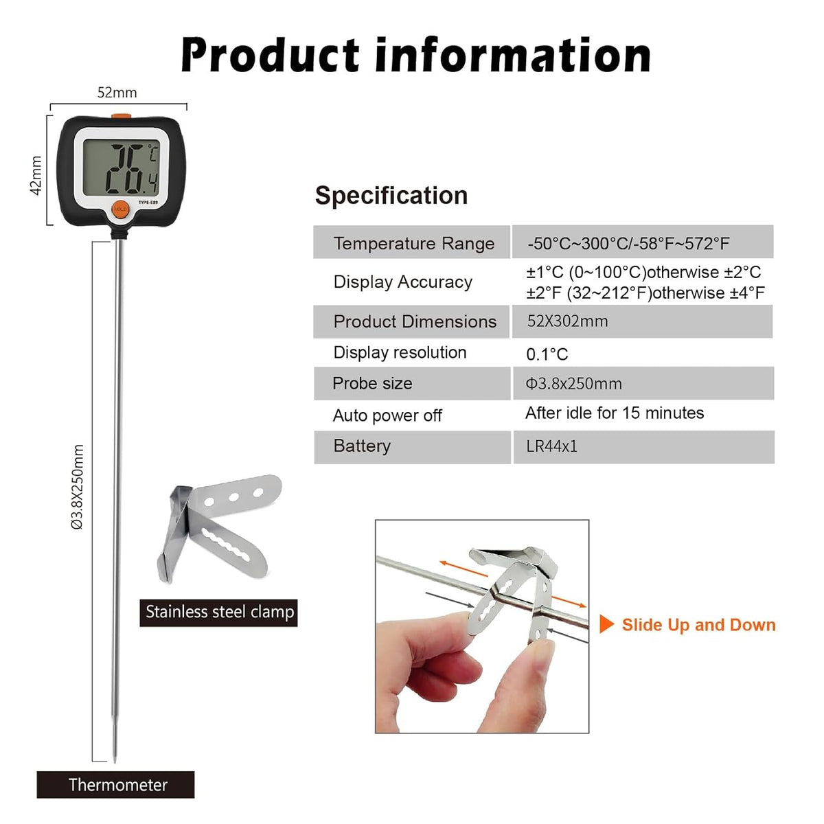 10 Inch Long Digital Candy Thermoometer with Pot Clip,Deep Fry Thermometer,Rotating Display