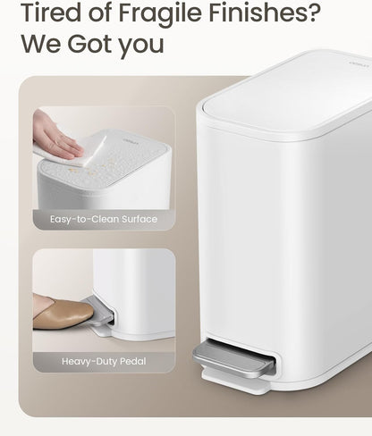 Cesun Small Bathroom Trash Can with Lid Soft Close, Step Pedal, 5 Liter / 1.3 Gallon Stainless Steel Garbage Can with Removable Inner Bucket, Waste Basket for Bathroom, Bedroom (White)