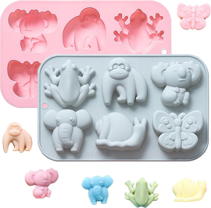 Animal Chocolate Mold Set - Food-Grade Silicone Baking Molds with Frog, Elephant, Monkey, Snail & Butterfly, Reusable for Kids Birthday Cakes