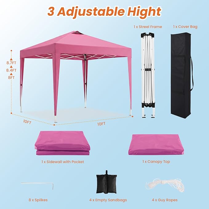 10x10 Pop Up Canopy Tent with 4 Removable Sidewalls, Heavy Duty Waterproof Party Tent with Church Windows,Pink Commercial Grade Instant Gazebo for Outdoor Event Wedding Vendor