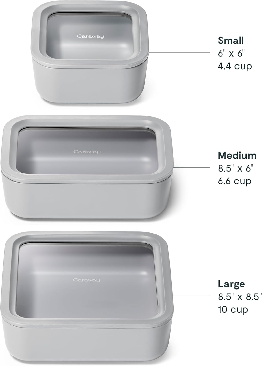 Caraway 3pc Glass Food Storage Set - 10, 6.6, & 4.4 Cup Containers - Ceramic Coated - Non-Toxic Non-Stick Lunch Box With Glass Lids - Dishwasher