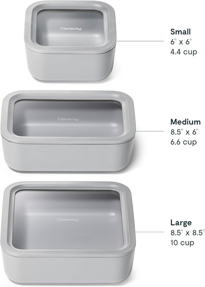 Caraway 3pc Glass Food Storage Set - 10, 6.6, & 4.4 Cup Containers - Ceramic Coated - Non-Toxic Non-Stick Lunch Box With Glass Lids - Dishwasher