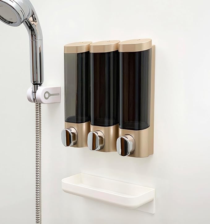 RANKADO Luxury Shower Soap Dispenser Bathroom with Tray,Drill Free Shampoo and Conditioner Dispenser with Mounting Tapes,Shower Soap Dispenser with Labels,Shampoo Dispenser for Shower Wall (Gold)