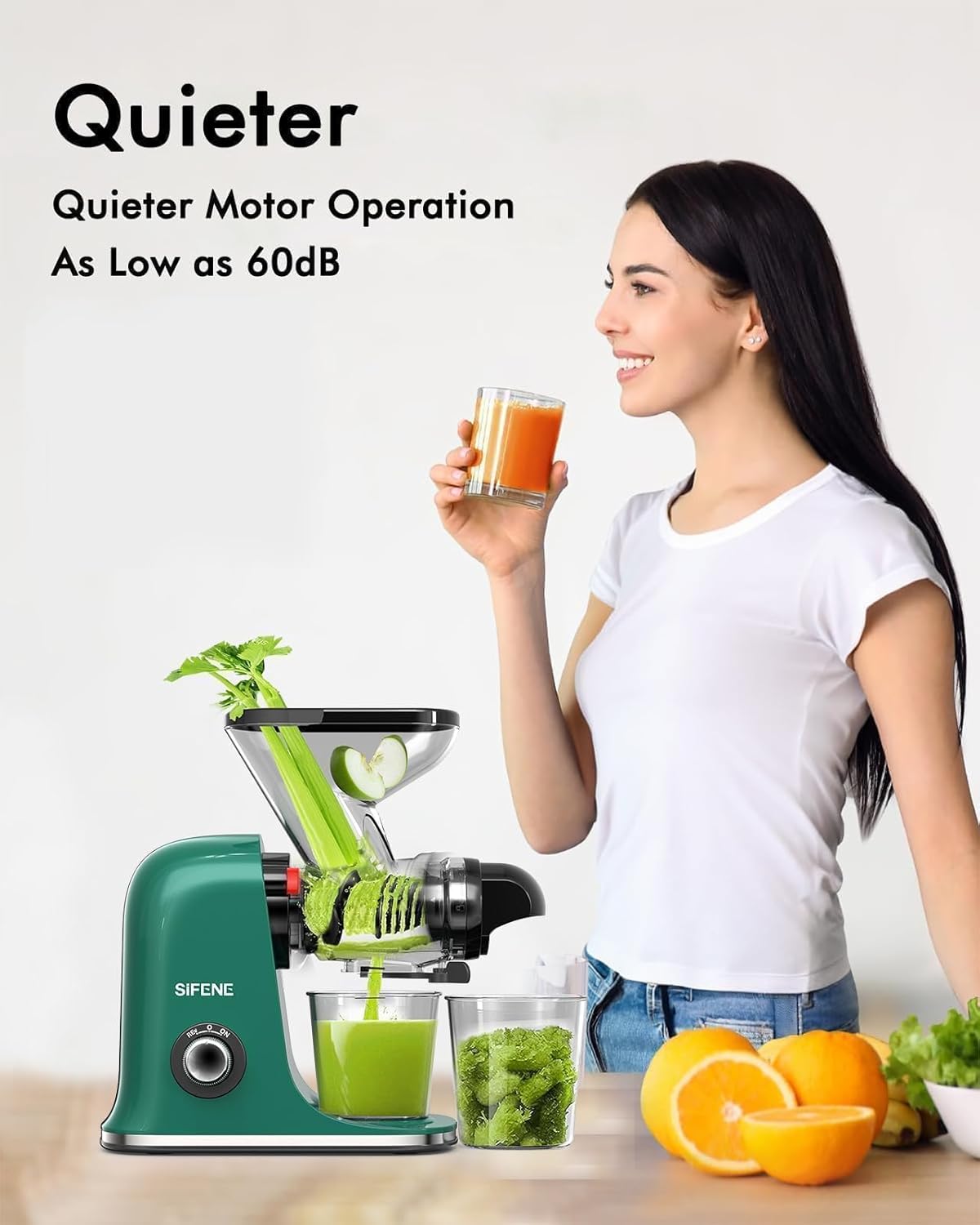 SiFENE Cold Press Juicer Machine, Slow Masticating Juicer, Vegetable and Fruit Juice Extractor Maker Squeezer, Easy to Clean, BPA Free, Green