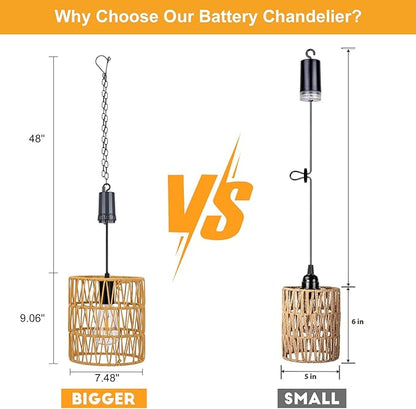Livinlarge Battery Operated Chandelier,Hanging Rattan Pendant Lights with Timer,Gazebo Lights with Warm White Bulb,4*AA Battery Powered,for Pergola Porch Patio Outdoor Indoor Backyard Decor