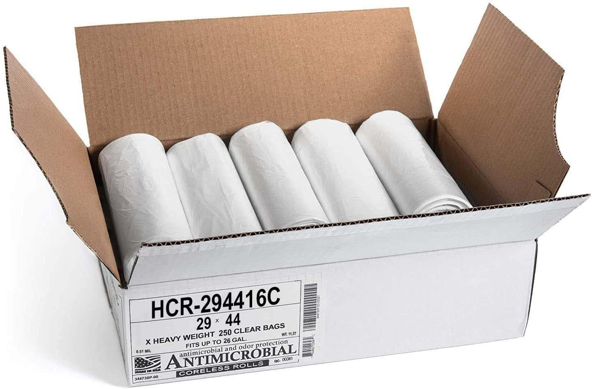 Aluf Plastics High Density Trash Bags, 26 Gallon, 250 Count, 16 Micron (eq), 29" x 44", Clear, for Bathroom, Office, Industrial, Commercial, Janitorial, Municipal, Recycling