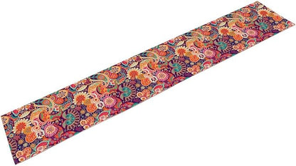 Purple Paisley Table Runner, Rustic Damask Antique Floral Flower Retro Boho Mandala Indian Bohemian Vintage Table Center Decor for Family Kitchen and Living Room Country Table Decorations, 13" X 90"