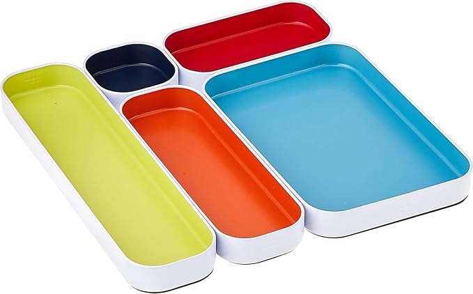 Three by Three Seattle 5 Piece Shallow Metal Organizer Tray Set for Storing Makeup, Stationery, Utensils, and More in Office Desk, Kitchen and Bathroom Drawers (1 Inch, Assorted Colors)