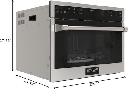 KoolMore KM-CWO24-AFSS Reserve Built-in Microwave Convection Oven with Air Fry, 3-in-1 Combo, Sensor Cook, Soft-Close Door, Stainless Steel, Premium 24 in. /1.6 cu. ft, Black