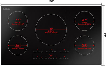 Empava 36 Inch Electric Induction Cooktop Built-in, 5 Zone Smooth Glass Surface, Touch Sensor Panel Power Boost, Timer Control, Child Lock Feature, Hardwired Kitchen Appliance