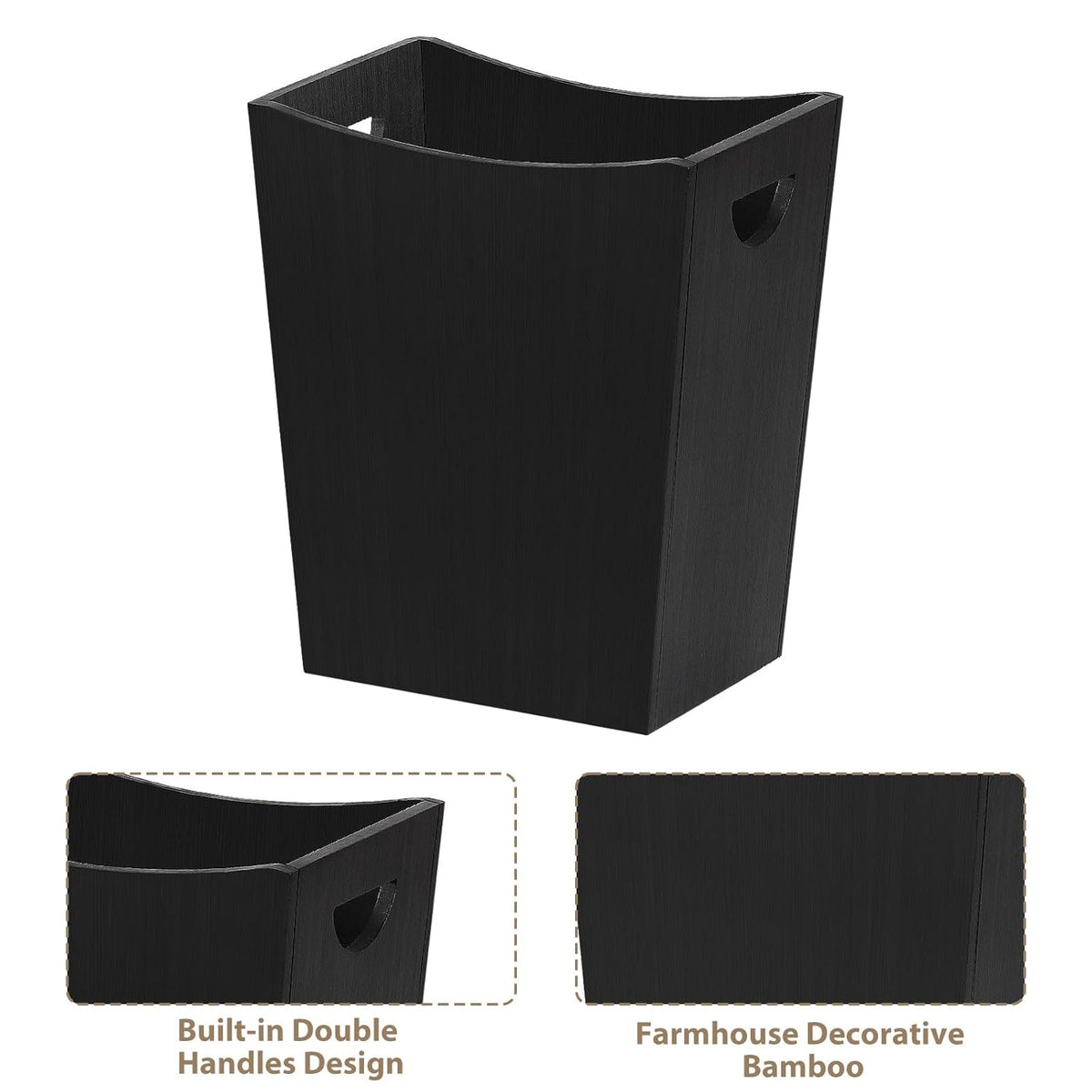 SEHERTIWY Wood Trash Can, Farmhouse Wastebasket Bin for Bathroom, Office, Bedroom, Living Room, Small Square Rustic Garbage Container (Wood-Black)