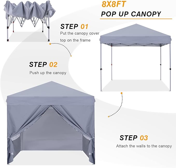 COOSHADE 8x8 Ft Pop up Canopy Tent Enclosed Instant Folding Canopy Shelter with Elegant Church Window Outdoor Pavilion Cater Party Wedding BBQ Events Tent(Grey)