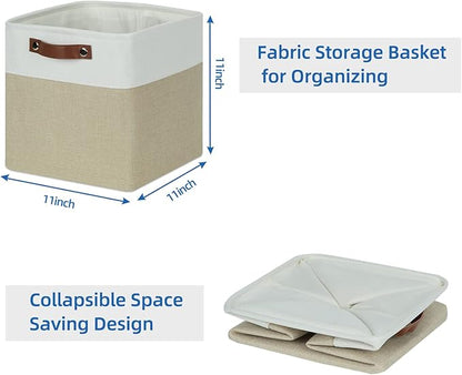 Temary 11 x 11 Cube Storage Bins Fabric Storage Baskets 4 Pack Cubes Baskets with Handles for Organizing Clothes, Organizer Bins for Storage (White&Khaki)