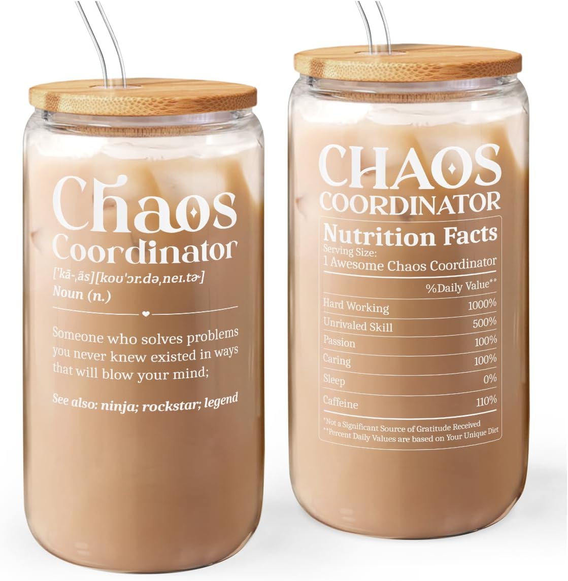 Chaos Coordinator 16oz Can Glass Tumbler with Bamboo Lid & Straw, Iced Coffee Cup for Female Coworker Friends Colleagues