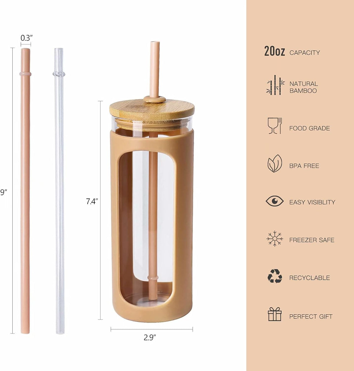 Kodrine 20oz Glass Tumbler with Straw and Lid, Bamboo Lids Water Bottle, Reusable Iced Coffee Cups, Wide Mouth Smoothie Cup with Protective Silicone Sleeve BPA FREE-Amber-2pack