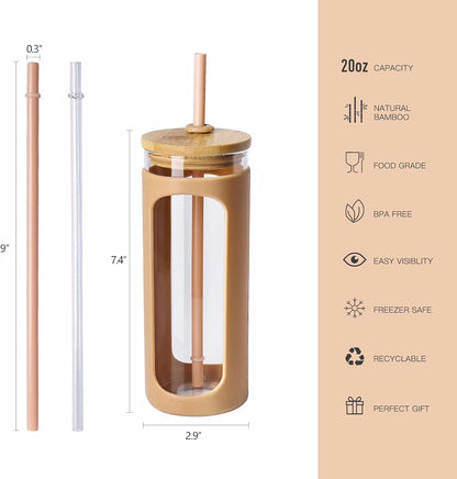 Kodrine 20oz Glass Tumbler with Straw and Lid, Bamboo Lids Water Bottle, Reusable Iced Coffee Cups, Wide Mouth Smoothie Cup with Protective Silicone Sleeve BPA FREE-Amber-2pack