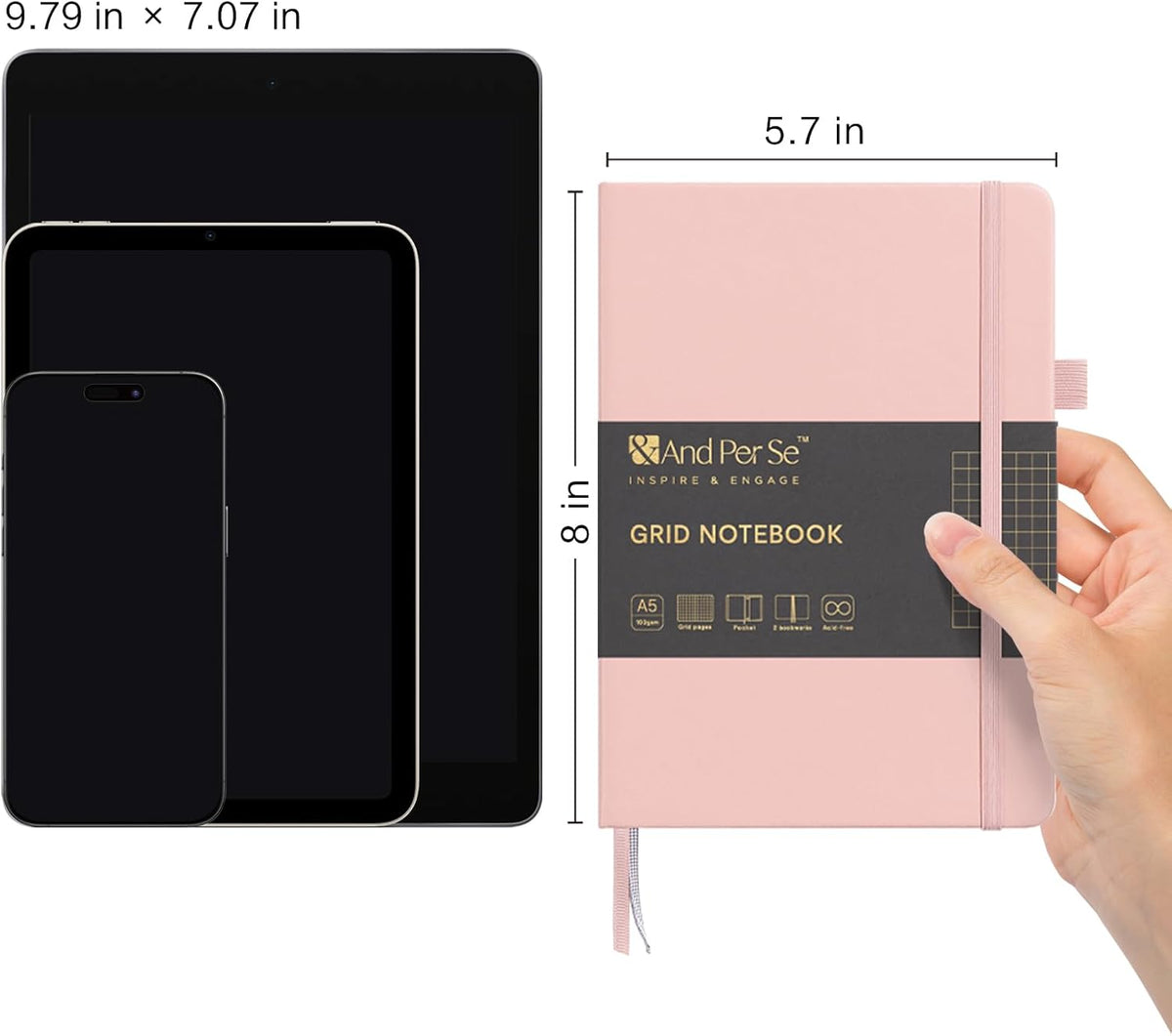 &And Per Se Graph Journal Notebook, 160 Pages, 5.7 x 8 inches College Ruled Thick Paper Notebook Journals for Writing, Grid Hardcover Notebook(1 Pack, Pink)