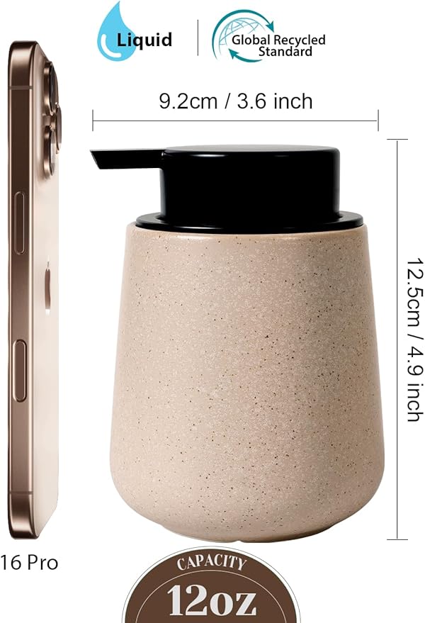 INGOFIN Ceramic Lotion Dispenser - 12 oz Hand Soap Dispenser Bathroom, Modern Liquid Dispenser with Pump, Refillable Dish Soap Bottle for Kitchen, Beige
