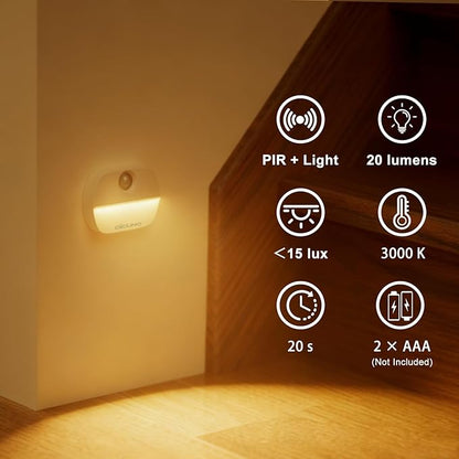 DiCUNO Motion Sensor Night Light, Stick-On Nightlight with Dusk to Dawn Sensor, 20lm, 3000K Warm White, 0.5W, Battery Operated LED Night Lights for Bedroom, Bathroom, Hallway, Stairs, 4-Pack