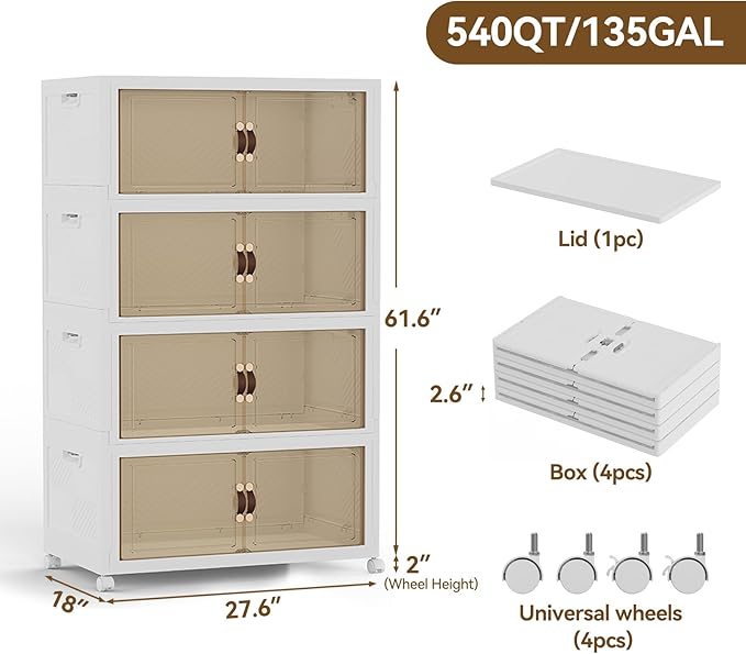 SAILUN 537QT/134Gal Stackable Storage Bins with a Lid, Collapsible Storage Bins with Doors, Folding Cabinet for Home Closet Organization,4 Pack-28 W x 18" D x 61.6" H White