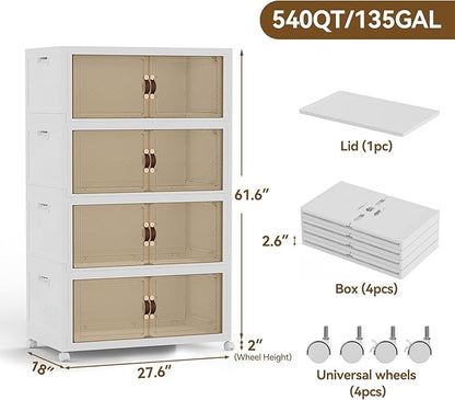SAILUN 537QT/134Gal Stackable Storage Bins with a Lid, Collapsible Storage Bins with Doors, Folding Cabinet for Home Closet Organization,4 Pack-28 W x 18" D x 61.6" H White