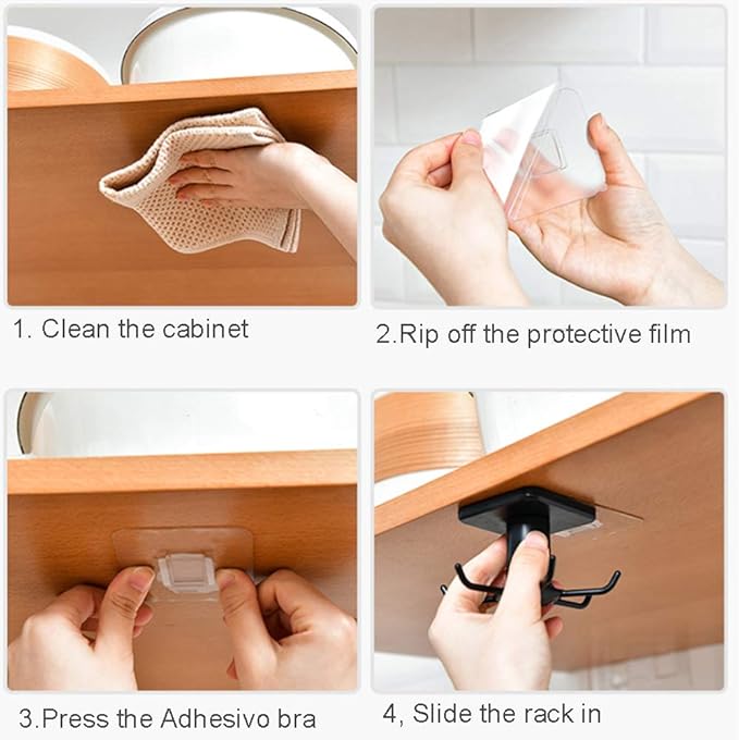 2pcs Under Cabinet Kitchen Utensil Hooks,360° Rotating Drilling Free Adhesive Utensils Hanging Rack for Tools/Towel/Knife (Black)
