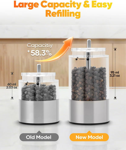 Electric Salt and Pepper Grinder Set Rechargeable, Automatic Salt and Pepper Grinder Set for Kitchen, USB Charging Base & LED Light, Adjustable Coarseness, Stainless Steel