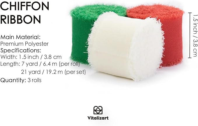 Vitalizart Christmas Handmade Chiffon Silk Ribbon Fringe 1.5" x 21 Yd Frayed Edges Ribbons for Wedding Invitations Bridal Bouquets Gifts Wrapping Crafts Holiday Decorations Red Green White