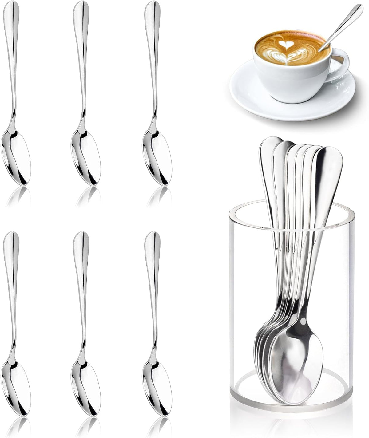 6 Pcs Mini Coffee Spoons with Holder 4.7 inch Demitasse Espresso Stainless Steel Spoons Silver with Acrylic Cylinder Holder for Coffee Bar Home Tea