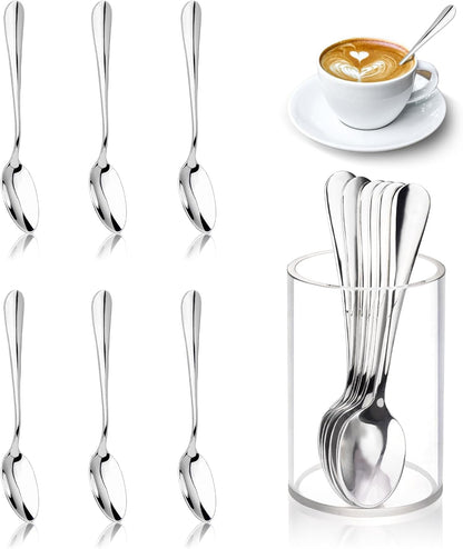 6 Pcs Mini Coffee Spoons with Holder 4.7 inch Demitasse Espresso Stainless Steel Spoons Silver with Acrylic Cylinder Holder for Coffee Bar Home Tea