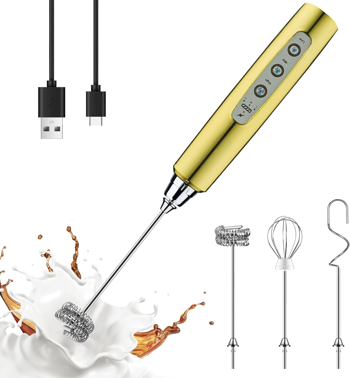 Yuswko Champagne Gold Handheld Milk Frother Wand for Coffee, Rechargeable Electric Whisk with 3 Heads 3 Speeds Drink Mixer Coffee Frother For Latte