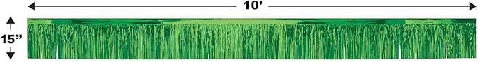 Beistle 2-Ply Metallic Fringe Drape, Shimmering Green Hanging Decorations for Special Events & Saint Patrick’s Day, Shiny Table Decor, 15" x 10'