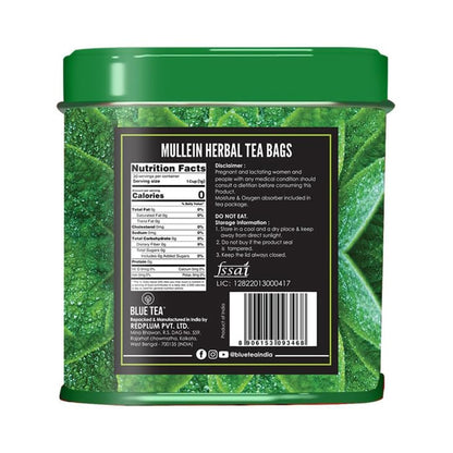 BLUE TEA - Mullein Tea - 30 Count - Pyramid Plant Based Tea Bag | LUNGS DETOX - FOR RESPIRATORY SUPPORT | Herbal Tea - Caffeine Free - Leaf Based - Non-Bitter - Vegan | Ziplock Pack