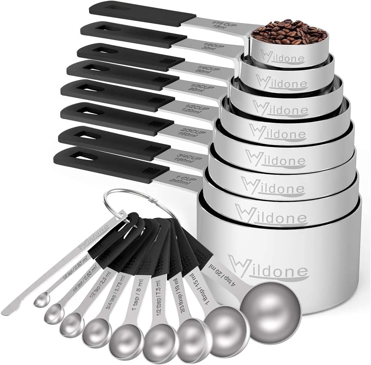 Measuring Cups & Spoons Set of 18 - Wildone Stainless Steel Nesting Measuring Cups 8 Piece and 9 Measuring Spoons, 1 Leveler
