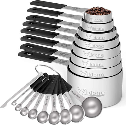 Measuring Cups & Spoons Set of 18 - Wildone Stainless Steel Nesting Measuring Cups 8 Piece and 9 Measuring Spoons, 1 Leveler