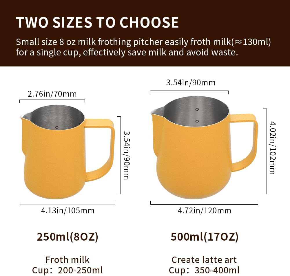 watchget Milk Frothing Pitcher 500ml/17oz Espresso Steaming Pitcher with Matte Yellow Coating Stainless Steel Milk Steamer Jug Milk Frothing Cup