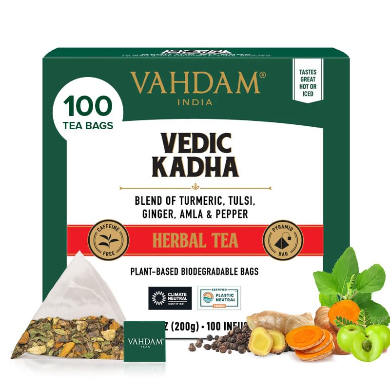 Vahdam, Vedic Kadha Herbal Tea Bags (100 Ct) Caffeine Free, 100% Real Ingredients - Turmeric, Black Pepper, Amla, Tulsi, Ginger, Cloves
