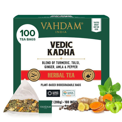 Vahdam, Vedic Kadha Herbal Tea Bags (100 Ct) Caffeine Free, 100% Real Ingredients - Turmeric, Black Pepper, Amla, Tulsi, Ginger, Cloves