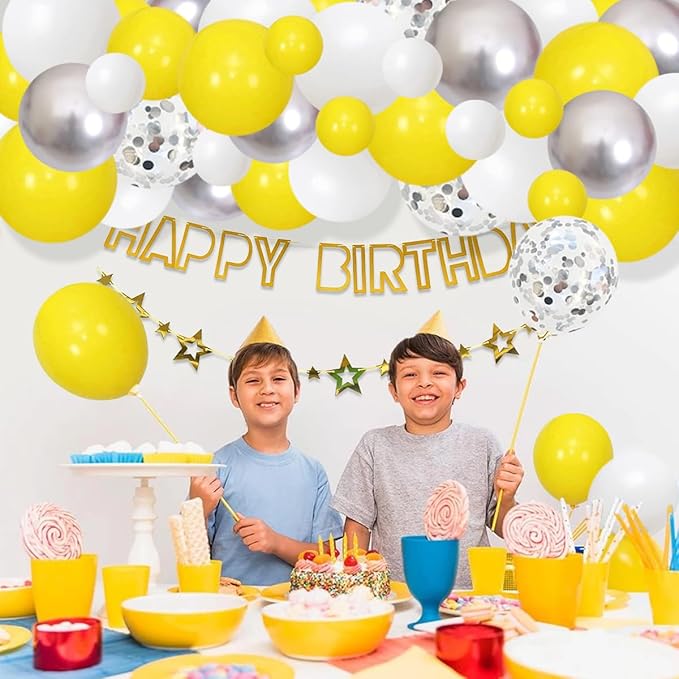 Yellow White Silver Balloon Garland Arch Kit, 122Pcs Yellow White Metallic Silver Latex Balloons for Baby Shower Wedding Birthday Graduation Anniversary Bachelorette Party