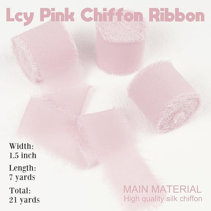 ICY Pink Chiffon Ribbon 1-1/2 Inch x 21 Yards Handmade Fringe Chiffon Silk Ribbon Frayed for Wedding Invitation, Bridal Flower Bouquets, Gift Wrapping